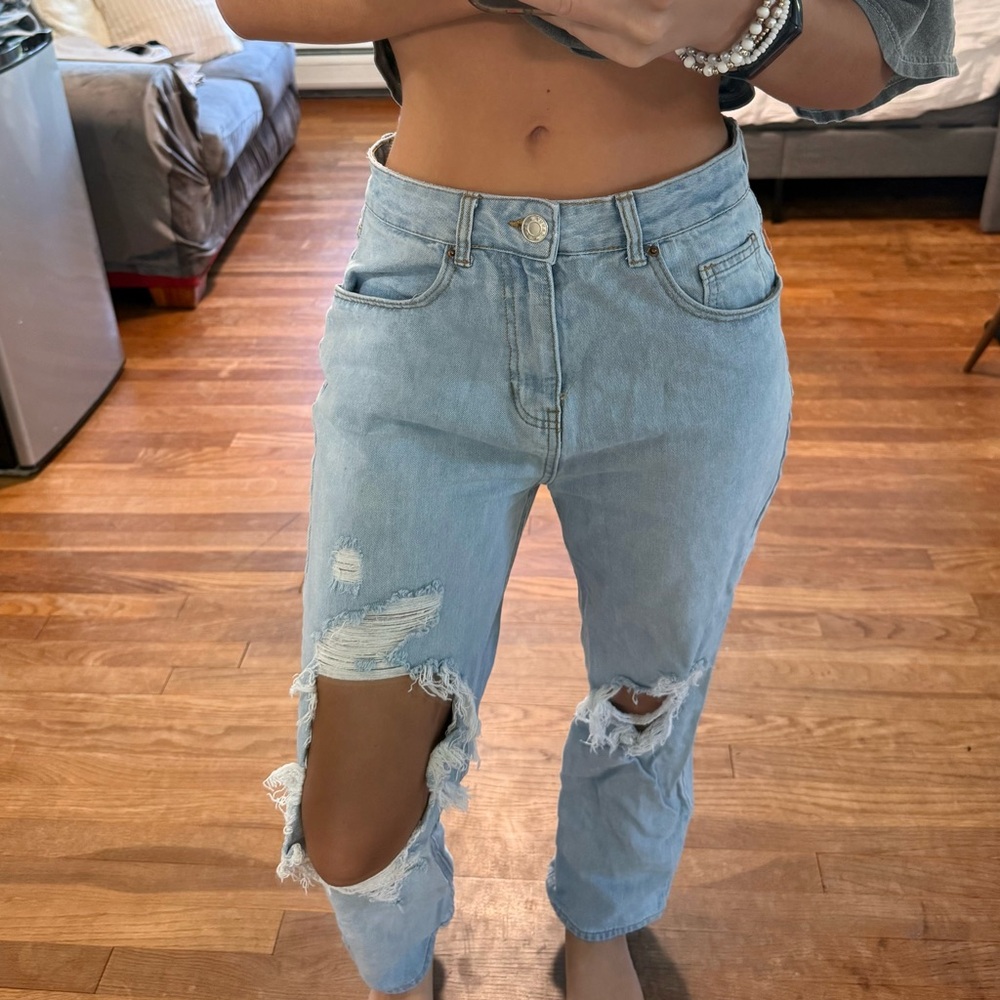 Blue Boyfriend Jeans with Distressed Knees